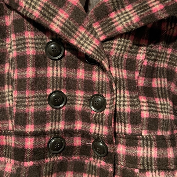 Wool Blend Plaid Button-Up Pea Coat with Pockets in Pink, Purple, Cream Size L - Picture 3 of 4